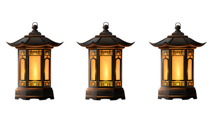 Three Traditional Chinese Lanterns with Warm Glow on white or transparent background.

