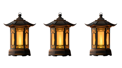 Three Traditional Chinese Lanterns with Warm Glow on white or transparent background.
