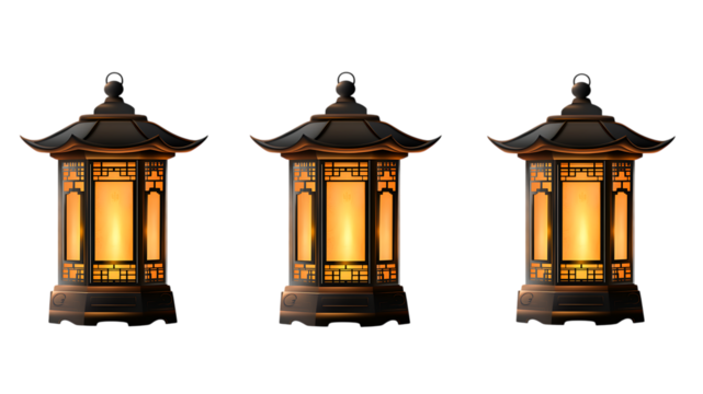 Three Traditional Chinese Lanterns with Warm Glow on white or transparent background.
