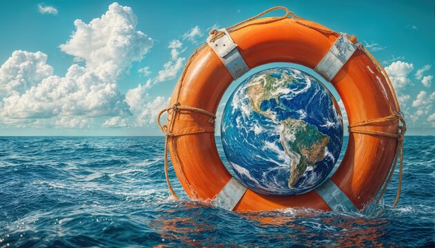 a vibrant depiction of earth encapsulated within a life preserver floating amidst a vast, rippling ocean under a cloudy blue sky emphasizes the urgent need for global environmental protection.