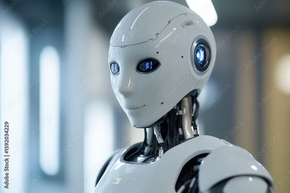 Aufkleber a sleek humanoid robot showcasing advanced technology and design in a contemporary environment. this