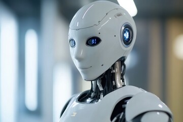 Naklejka premium A sleek humanoid robot showcasing advanced technology and design in a contemporary environment. This robot symbolizes innovation and the future of automation.