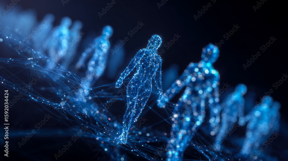 Poster digital representation of human figures connected through network technology