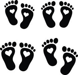 Footprints with Heart Shapes Cute and Symbolic Baby Love Announcement or Gender Reveal Silhouette Vector