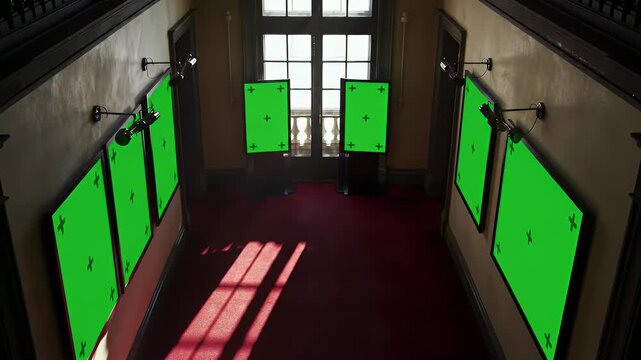 Grand Hallway with Multiple Green Screen Displays and Standees in a Classic Interior, Ideal for Digital Mockups and Advertising Content