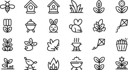 Black and white line art icons of nature and spring themes