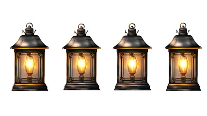 Four Vintage-Style Lanterns with Glowing Bulbs on white or transparent background.
