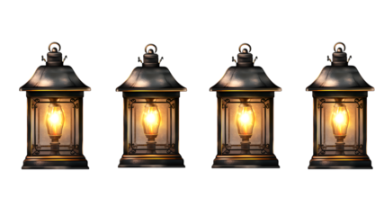 Four Vintage-Style Lanterns with Glowing Bulbs on white or transparent background.
