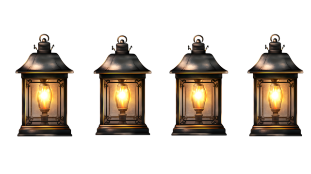 Four Vintage-Style Lanterns with Glowing Bulbs on white or transparent background.
