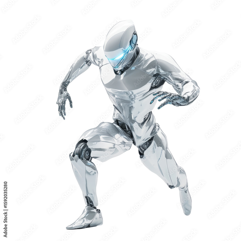 Poster sleek silver robot with blue visor in a dynamic action pose