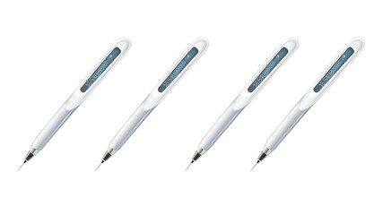 Four White Digital Pens with Blue Screens in Diagonal Line on white or transparent background.
