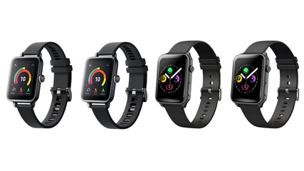 Four Smartwatches with Black Straps and Different Displays on white or transparent background.
