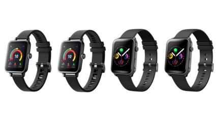 Four Smartwatches with Black Straps and Different Displays on white or transparent background.
