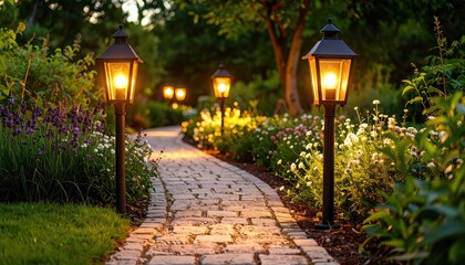 Obraz premium Evening garden path with lanterns