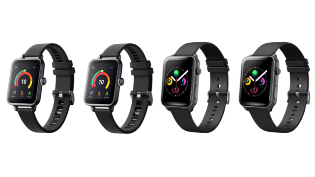 Four Smartwatches with Black Straps and Different Displays on white or transparent background.
