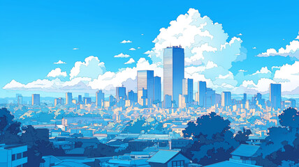 Obraz premium 入道雲とビルのコントラストが美しい夏の都市風景を描いた1980年代風レトロアニメタッチの手描き風イラスト｜青空、都市の記憶、ビル群、レトロな夏景色、昭和感、ノスタルジックイラスト、街