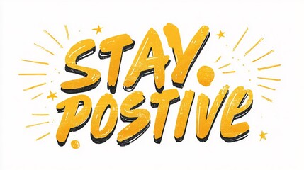 Bold yellow hand-lettered "STAY POSITIVE" with textured strokes, outlined in black, framed by small stars and sunburst rays on a white background