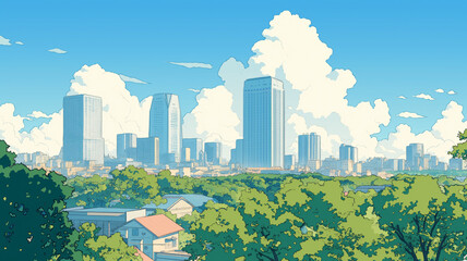 巨大な入道雲が都会の空に浮かび上がる、夏の都市のノスタルジックな1980年代風レトロアート｜昭和アニメ、シティポップ、ビル街、青空、夏の風景、風通しの良い街角、レトロ感、懐かしの都市風景