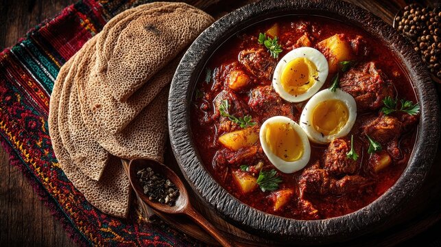 Ethiopia dish Doro Wat Spicy chicken stew with hard-boiled eggs served with injera