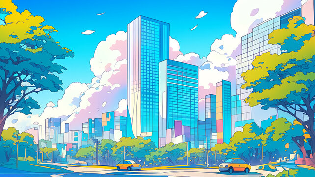 入道雲とビルのコントラストが美しい夏の都市風景を描いた1980年代風レトロアニメタッチの手描き風イラスト｜青空、都市の記憶、ビル群、レトロな夏景色、昭和感、ノスタルジックイラスト、街