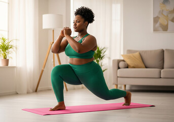 plus size woman doing yoga at home