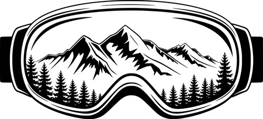 Mountain landscape scene reflected inside a pair of ski goggles