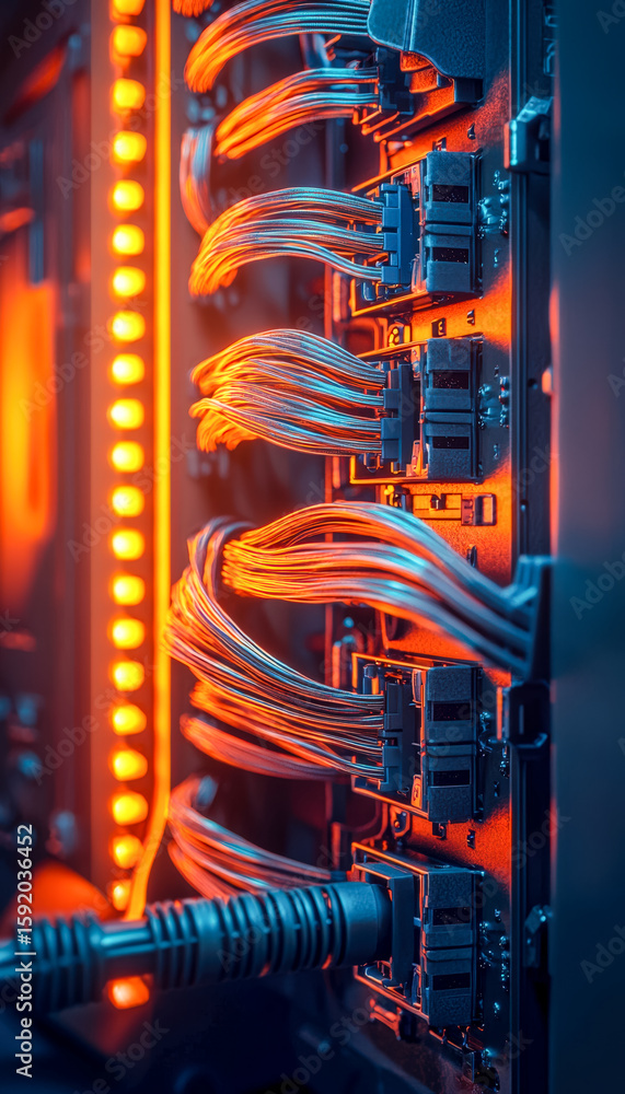 Aufkleber high-tech server rack with vibrant illuminated network cables and components
