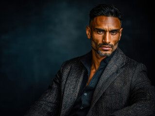 Fototapeta premium Stylish confident man in dark textured blazer and black shirt against dark background