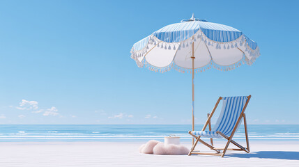 Serene beach scene presents a deck chair under an umbrella, ideal for relaxation or vacation-themed marketing and web design.