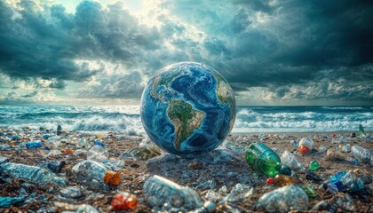 a vibrant earth globe rests on a polluted beach littered with plastic waste under a dramatic, stormy sky, symbolizing the impact of pollution on the planet.