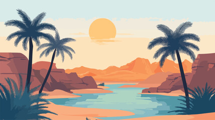 Fototapeta premium Serene Desert Oasis with Palm Trees by River, Nature Landscape Scene