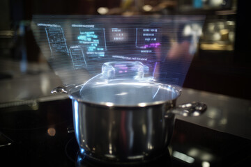 Modern smart kitchen with augmented reality cooking interface above a vegetable pan &ndash; perfect for tech innovation, smart home, or future food visuals.