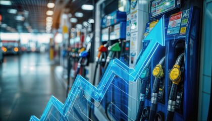 a digital graph illustrating rising costs is superimposed over a japanese gas station, symbolizing increasing fuel prices.