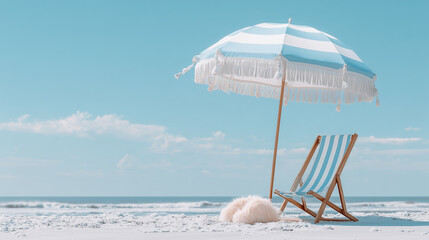 Beach scene shows striped umbrella and lounger by the sea. Summer mood and relaxation concept for web design, social media, or vacation marketing.