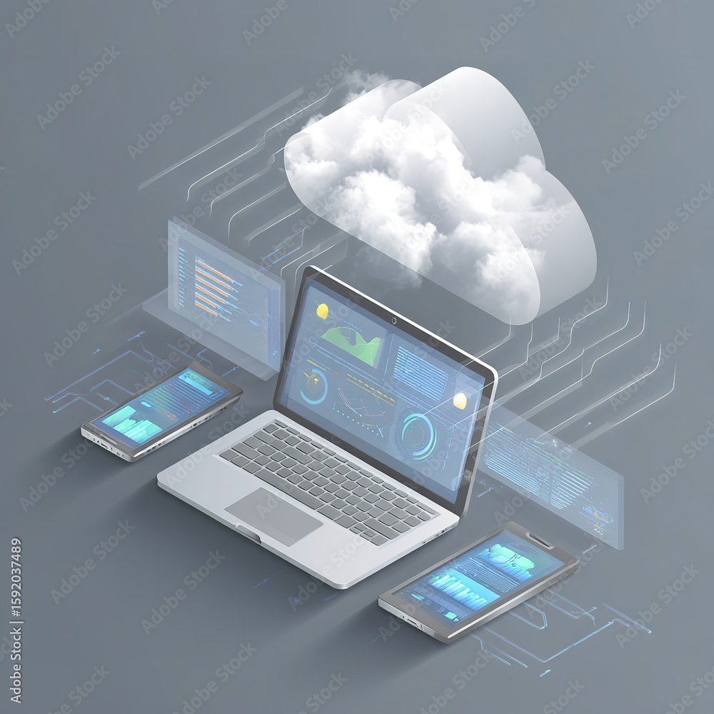 Poster an isometric illustration depicting cloud computing concepts with a cool gray and blue color scheme.