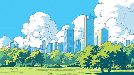 真夏の都市を背景に大きく湧き上がる入道雲が広がる1980年代レトロアニメ風のイラスト素材｜都会の夏、雲、空、ビル、ノスタルジー、昭和風、アニメーションタッチ、夏の記憶、レトロポップ、街の風景