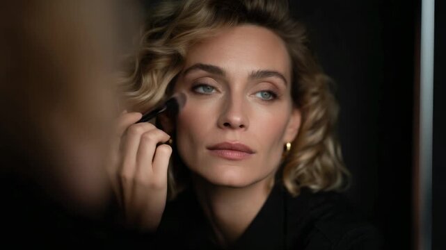 In a chic makeup studio, a model applies makeup with a brush, showcasing a sophisticated beauty transformation.