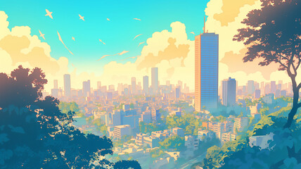 真夏の都市を背景に大きく湧き上がる入道雲が広がる1980年代レトロアニメ風のイラスト素材｜都会の夏、雲、空、ビル、ノスタルジー、昭和風、アニメーションタッチ、夏の記憶、レトロポップ、街の風景