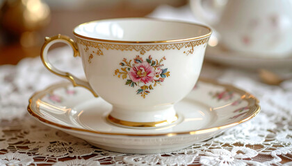Vintage Floral Teacup and Saucer with Golden Rim for Elegant Tea Time