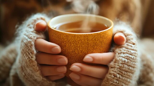 Cozy hands hold a steaming mug of amber liquid nestled in a thick knit sleeve