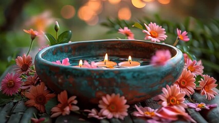Floating candles in a bowl with flowers and bokeh lights - Powered by Adobe