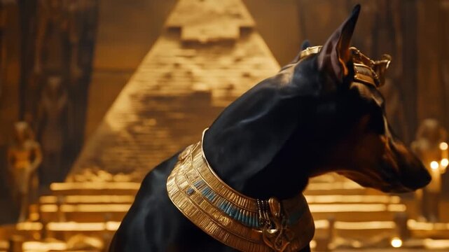 Doberman wearing ancient Egyptian collar and crown in pyramid
