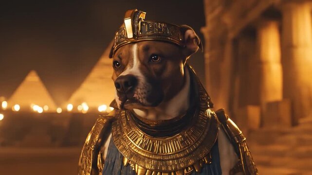 Dog in ancient Egyptian pharaoh attire with pyramids and lights