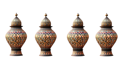 Four Ornate Lanterns with Warm Colors and Dome Tops on white or transparent background.
