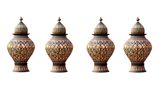 Four Ornate Lanterns with Warm Colors and Dome Tops on white or transparent background.
