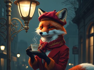 Fox with city street, tea, and night.
