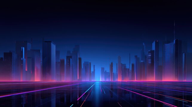 Wide view of futuristic cityscape at night, tall buildings silhouetted against a gradient sky of deep blue fading into black, glowing lines of neon pink and electric blue flowing like energy. - Powered by Adobe