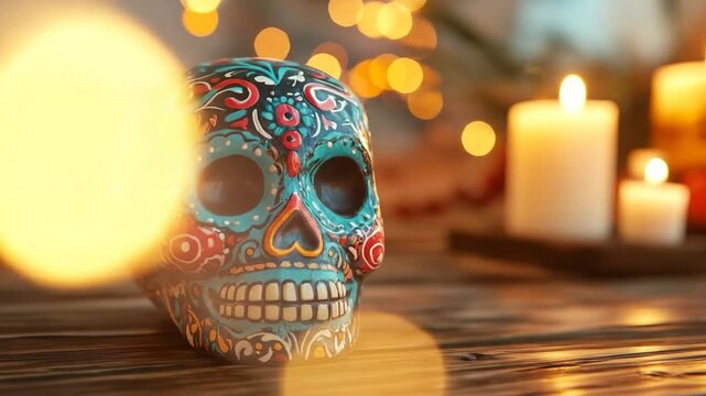 Ornate sugar skull sits on wooden surface near lit candles