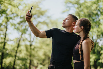 A couple in sportswear takes a selfie during their outdoor exercise routine in a vibrant park. The...