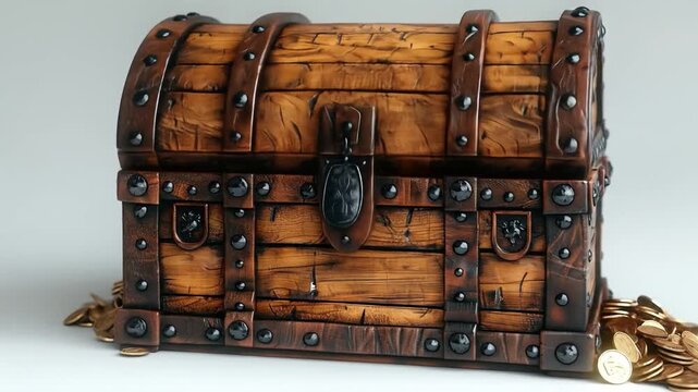 Wooden treasure chest with metal accents and gold coins